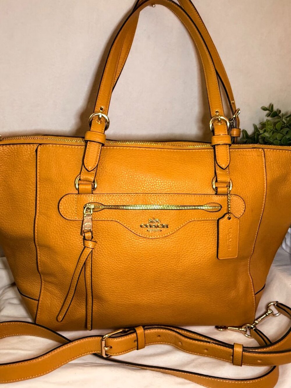Coach Sunflower Yellow Pebbled Leather Tote Crossbody Bag